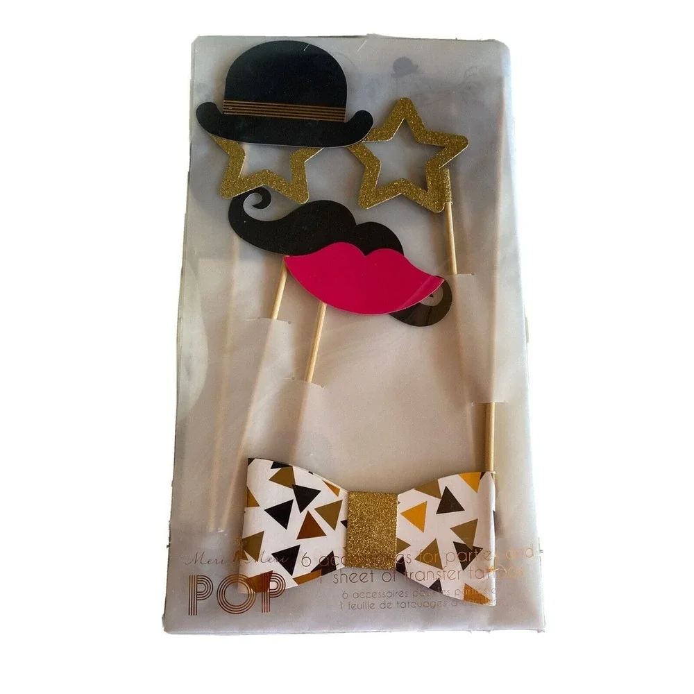 Meri Meri Party Props & Tattoo Set With Bow Tie Mustache Hat & Gold Glitter Star